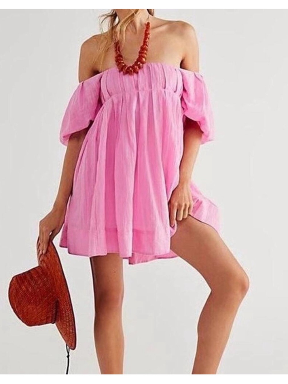 Free People Marina Pink Puff Sleeve Mini Dress size Large